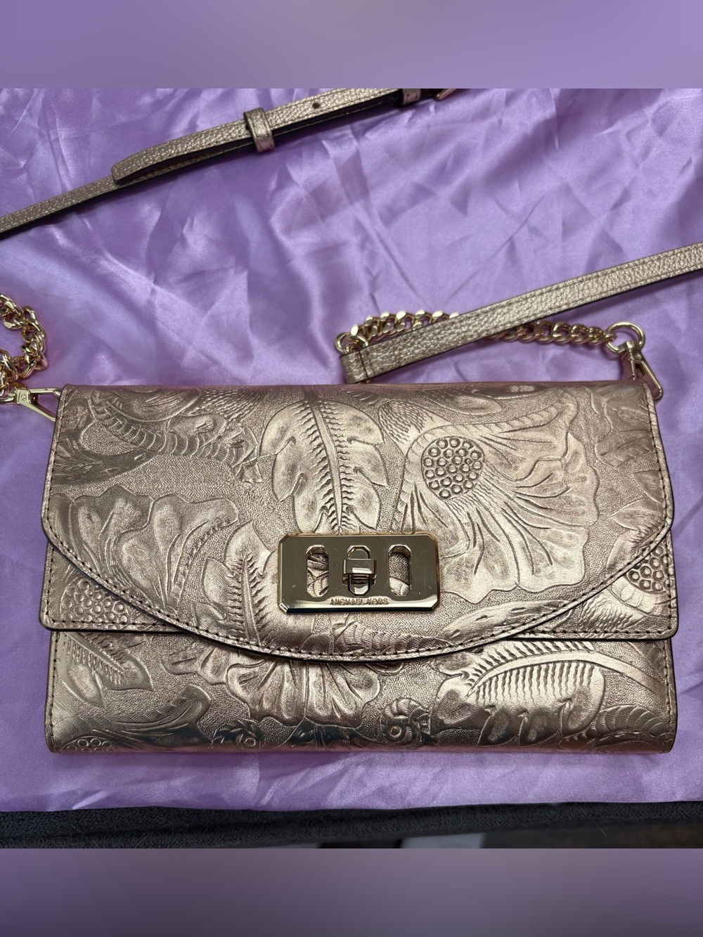 Michael Kors Metallic Leather Embossed Floral Crossbody - Rose Gold
